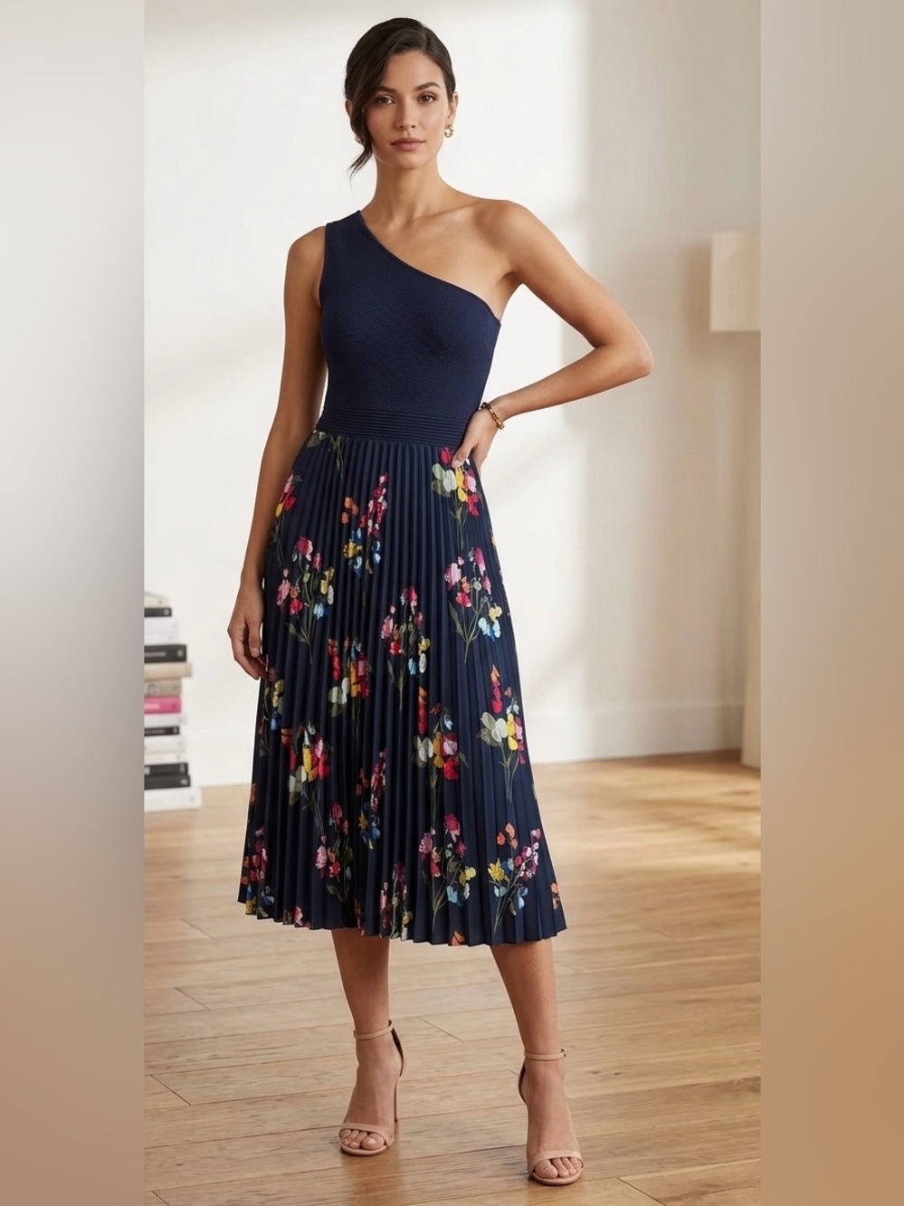 Ted Baker London Gylin One-Shoulder Pleated Floral Midi Dress Navy Blue Sz 4